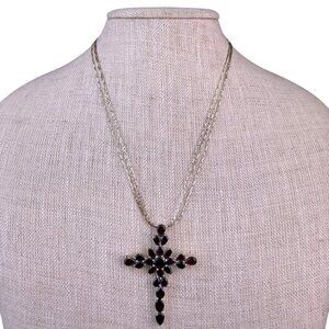 Sterling Silver Womens Garnet Gemstone Cross Pendant Necklace Vintage 925